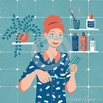 Daily dental care. A girl with patches on her face in pajamas brushes her teeth with a herbal paste and a carbon bristle brush. Cartoon Illustration