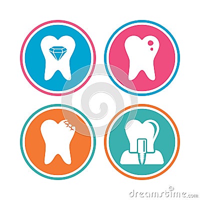 Dental care icons. Caries tooth and implant. Vector Illustration