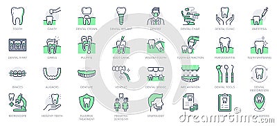 Dental care line icons. Vector illustration include icon - implant, braces, dentist, toothache, aligners, veneers, tooth Cartoon Illustration