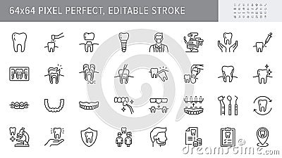 Dental care line icons. Vector illustration include icon - implant, braces, dentist, toothache, aligners, veneers, tooth Vector Illustration