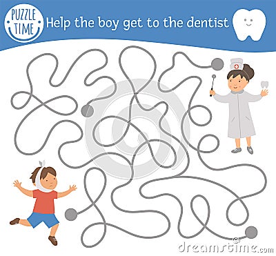 Dental care maze for children. Preschool medical activity. Funny puzzle game with cute doctor and child with aching tooth. Help Vector Illustration