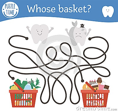 Dental care maze with cute teeth and different products in shopping baskets. Preschool tooth care activity. Cute mouth hygiene Vector Illustration