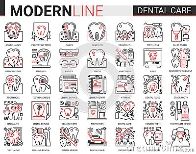 Dental care medicine thin red black line icons vector illustration set with medical tooth implant pictogram, dentist Vector Illustration