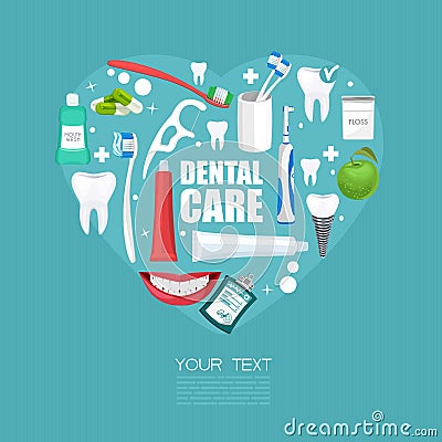 Dental care poster with equipments and heart shape Vector Illustration