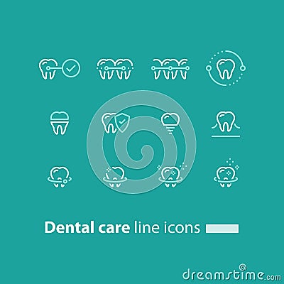 Teeth braces, dental care, stomatology services, cleaning and whitening, implant and crown, protection concept, line icons Vector Illustration