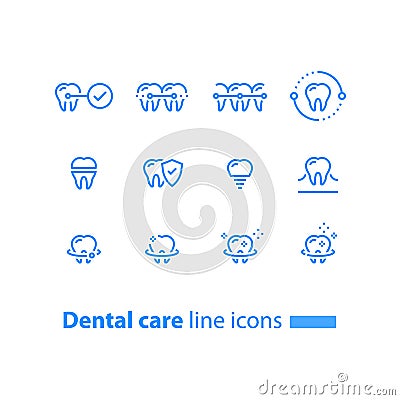 Teeth braces, dental care, stomatology services, cleaning and whitening, implant and crown, protection concept, line icons Vector Illustration