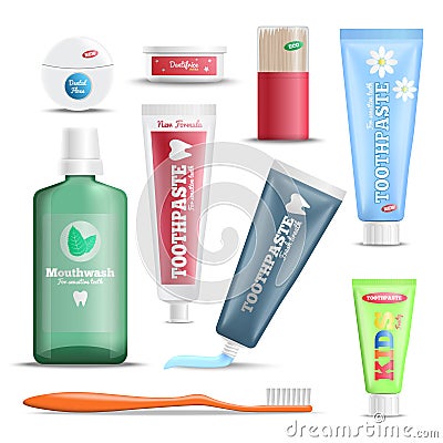 Dental Care Products Realistic Set Vector Illustration