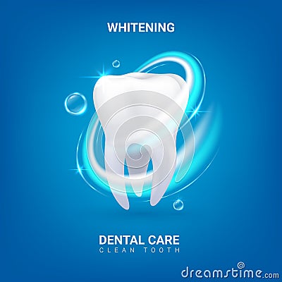Dental care. Realistic clean 3D tooth. Whitening enamel or oral hygiene. Dentist service advertising banner with Vector Illustration