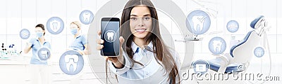 Dental care smiling woman showing smart phone, teeth icons and s Stock Photo