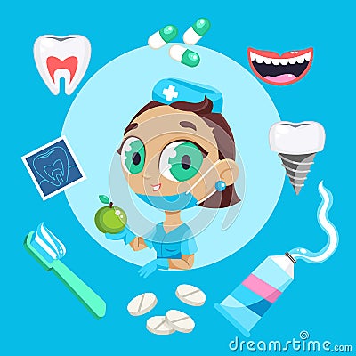 Dental care symbols. Teeth dental care mouth health set with inspection dentist treatment. Vector Illustration