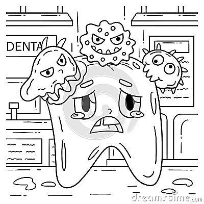 Dental Care Tooth Attacked by Cavities Coloring Vector Illustration