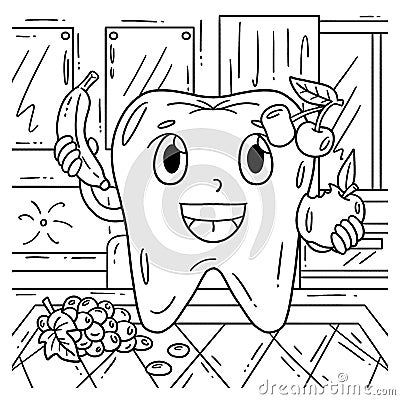 Dental Care Tooth Consuming Fruits Coloring Page Vector Illustration