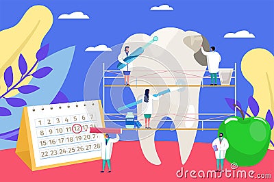 Dental care vector illustration, cartoon flat tiny doctors people at work, dentist checkup examination for tooth problem Vector Illustration