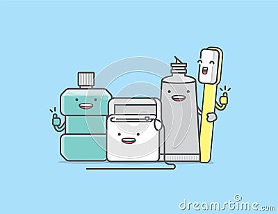 Dental cartoon of a cleaner gang mouthwash, dental floss, toothpaste, toothbrush, illustration cartoon character vector design on Vector Illustration