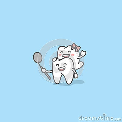 Dental cartoon of a couple of tooth looking into the dental mirror with confidence and happiness and romantic illustration cartoon Vector Illustration