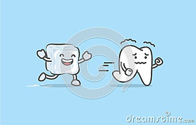 Dental cartoon of sensitive teeth run away from the ice illustration cartoon character vector design on blue background. Dental Vector Illustration