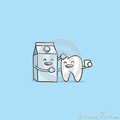 Dental cartoon of a tooth be friendly with a milk container, Meaning is the tooth be healthy and strong by drinking milk, Vector Illustration