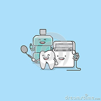 Dental cartoon of a tooth, mouthwash, floss teeth looking into the dental mirror with confidence and happiness illustration Vector Illustration