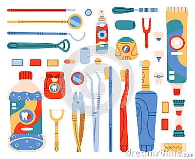 Dental cleaning tools. Toothbrush, toothpaste, dental floss, mouth cleaning and oral hygiene hand drawn tools. Dental Vector Illustration