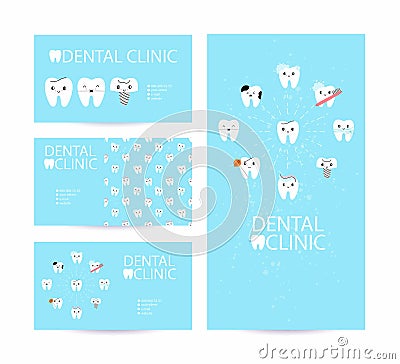 Dental clinic business card template. Teeth Vertical and horizontal Background set, dentist and orthodontist logotype, banner and Vector Illustration