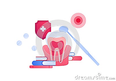 Dental clinic concept. Vector flar healthcare illustration. Dentist mirror tool, tooth anatomy, book and shield protection symbol Vector Illustration