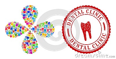 Dental Clinic Grunge Stamp and Tooth Multi Colored Rotation Motion Vector Illustration