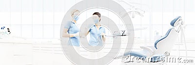 Dental clinic interior with doctors, blurred background for copy Stock Photo