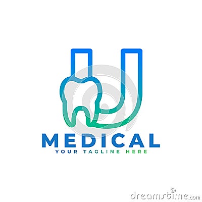 Dental Clinic Logo. Blue Linear Shape Letter U Linked with Tooth Symbol inside. Usable for Dentist, Dental Care and Medical Logos Vector Illustration