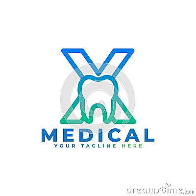 Dental Clinic Logo. Blue Linear Shape Letter X Linked with Tooth Symbol inside. Usable for Dentist, Dental Care and Medical Logos Vector Illustration