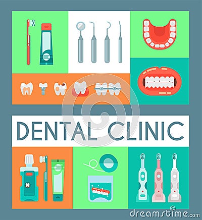 Dental clinic set of banners vector illustration. Dentistry, oral care with brush, paste, mouse wash. Set of dental Vector Illustration