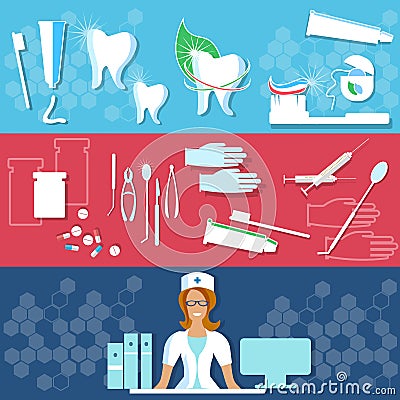 Dental clinic, toothpaste, dental floss, medical care banners Vector Illustration