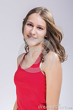 Dental Concept. Caucasian Young Blond Teenage Girl With Teeth Br Stock Photo