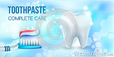 Dental concept .Healthy Tooth.Oral health ads.Blue plastic toothbrush with toothpaste.3D, realistic,dna structure, Dental design Stock Photo