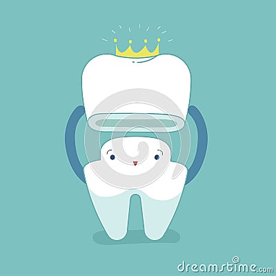 Dental crown, tooth put in crown, dental cartoon concept Vector Illustration