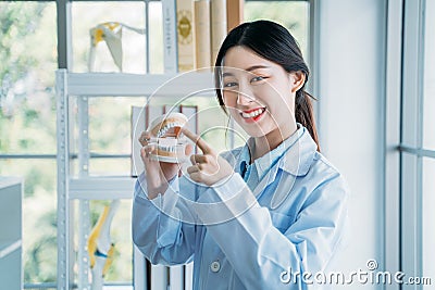 Dental doctor holding false teeth Stock Photo