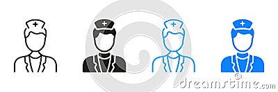Dental Doctor Symbol. Nurse Man Silhouette and Line Icon Set. Physician Specialist, Orthodontist, Endodontist Black Vector Illustration