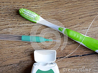 Dental floss, interdental brush and toothbrush Stock Photo