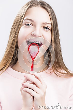 Dental Health Concepts. Closeup Portrait of Caucasian Teenage Girl Stock Photo