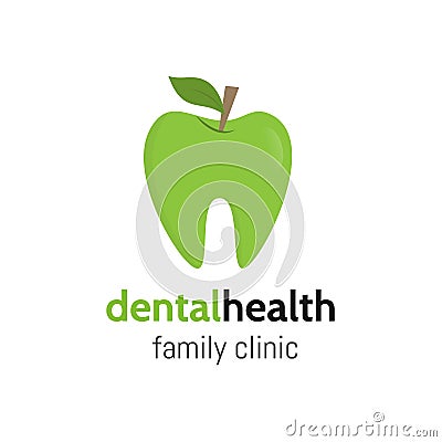 Dental health. Tooth logo as a green apple with leaf. Dental family clinic Logotype. Vector teeth Vector Illustration