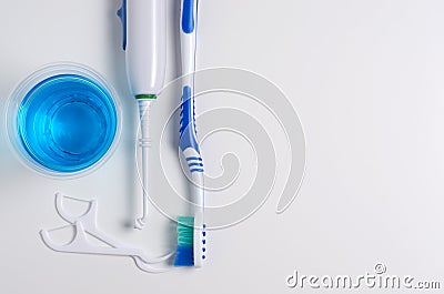 Dental hygiene. Toothbrush, mouthwash, dental floss, oral irriga Stock Photo