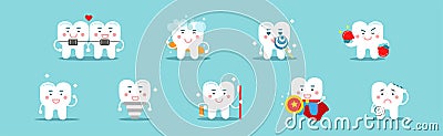 Dental Hygiene with White Teeth on Blue Background Vector Set Vector Illustration