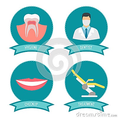 Dental icons with doctor, smile, teeth and medicinal chair Vector Illustration