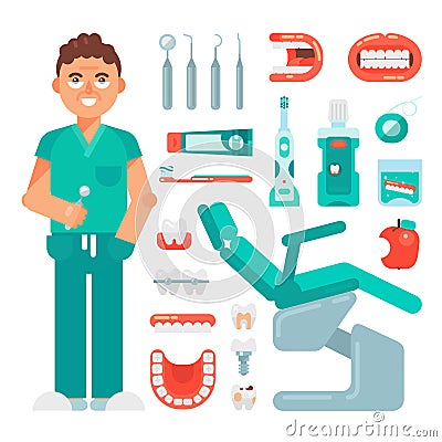 Dental Icons set vector dentist tools dentistry and orthodontics stomatology equipment toothbrush and toothpaste. Teeth Vector Illustration