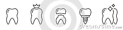 Dental Implant Line Icon Set. Denture Technology. Dental Implantation Treatment. Tooth Care, Veneer Restoration Vector Illustration