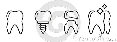 Dental Implantation Treatment. Tooth Care, Veneer Restoration Pictogram. Dental Implant Line Icon Set. Denture Vector Illustration