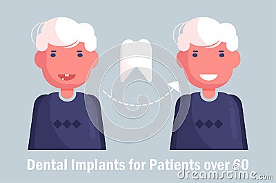 Dental implants for the elderly Vector. Cartoon. Isolated art Man Vector Illustration