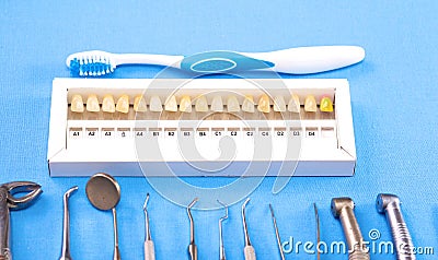 The dental instrument lies on the table. View from above Stock Photo
