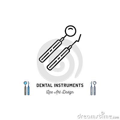 Dental instrument logo. Dental mirror and dental pick line icons. Vector illustration Vector Illustration