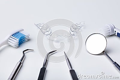 Dental Instruments And Clear Aligner Stock Photo