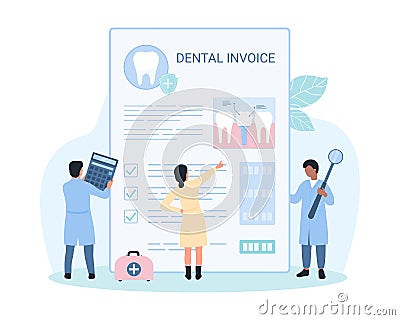 Dental insurance for tooth care, bill cost coverage, tiny people study checklist form Vector Illustration